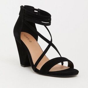 Torrid Black Suede Strappy Ankle Strap Heels Shoes Wide 8 NWOT